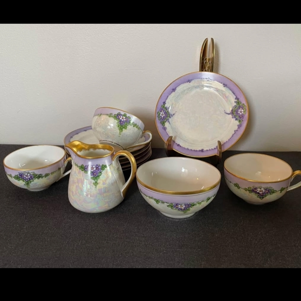 RARE 1920 Signed Hand Painted Nippon Luster Tea Set - 14pc Blue Rising Sun